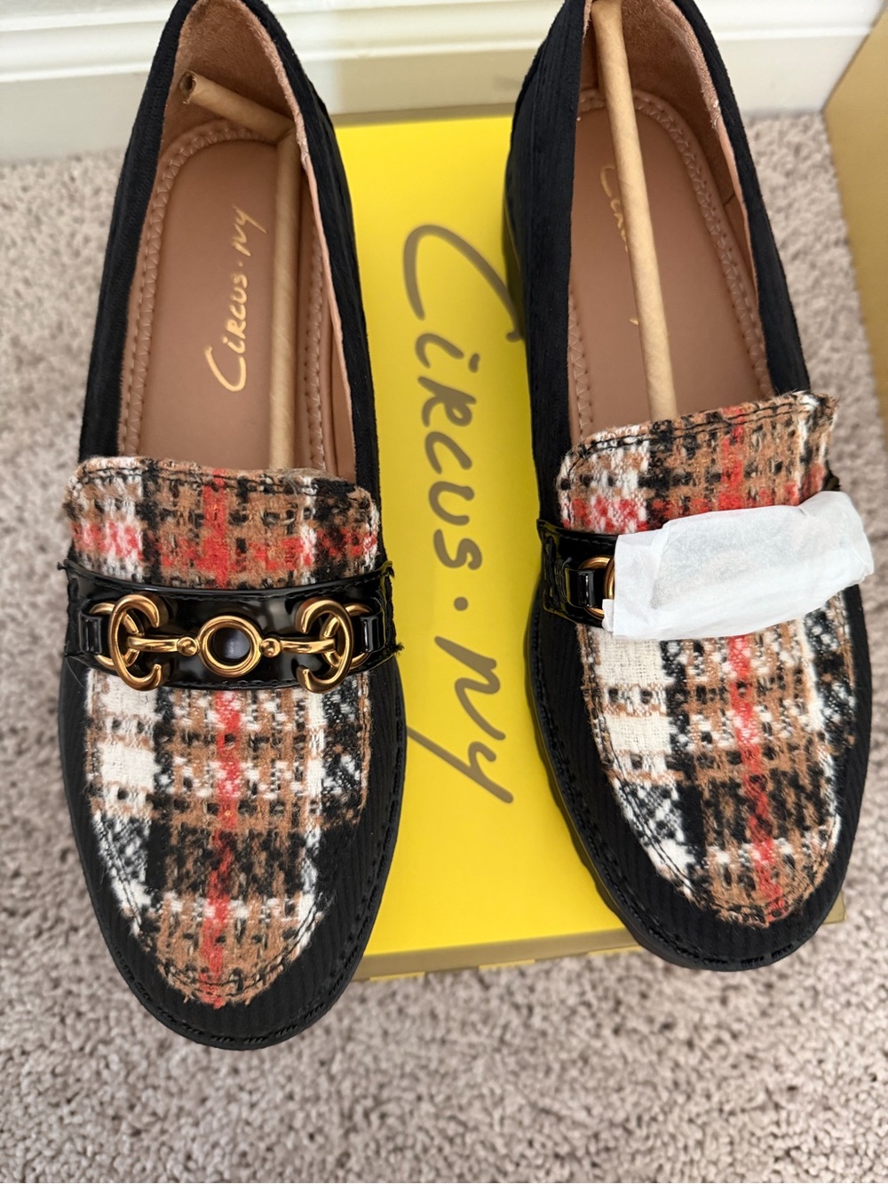 Circus by Sam Edelman Black Plaid Tweed Loafers with Gold Hardware